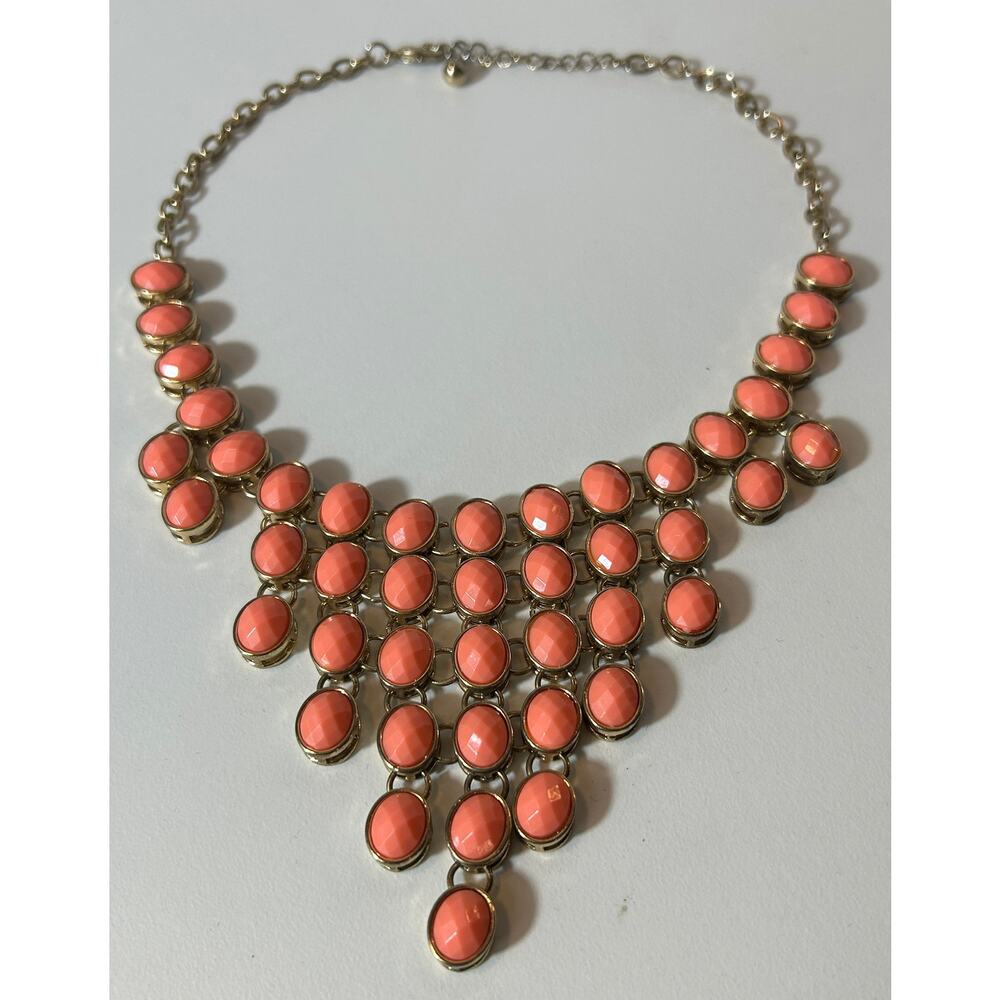 Bold Coral Statement Bib Necklace with Gold-Tone Metal Setting